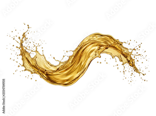 Golden liquid splash isolated on transparent background with dynamic movement