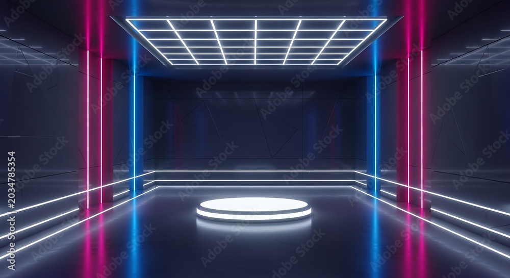 Obraz premium Empty square room with Sci Fi Modern Elegant Futuristic Cyber Neon Led Studio