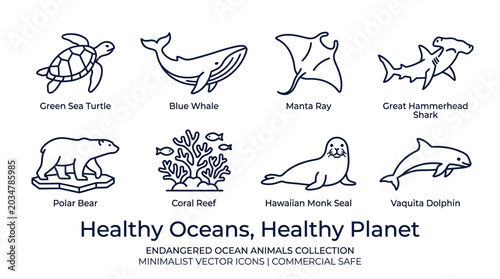 Fotografía Collection of minimalist vector icons featuring endangered ocean animals and marine life