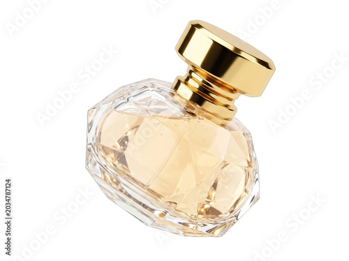 Elegant golden perfume bottle with sparkling gem details on transparent background