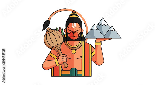 Photos Hindu deity Hanuman holding mace and mountain, cultural illustration