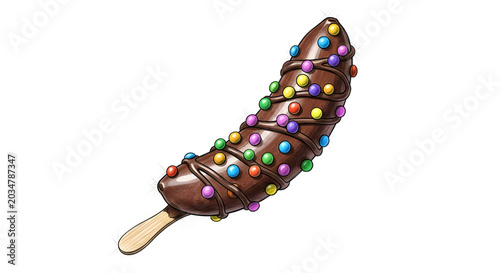 Chocolate covered banana with colorful candy sprinkles on a stick