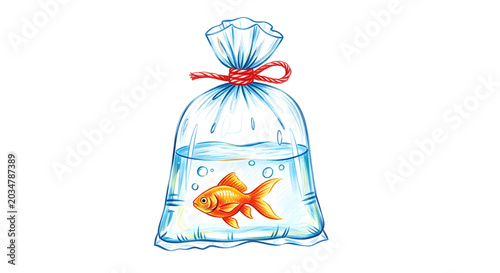 Goldfish swimming in a plastic water bag tied with red string