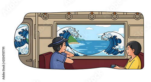 Passengers on a train viewing scenic ocean waves through a window