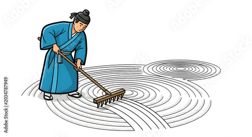 Man in traditional blue robe raking concentric circles in sand garden