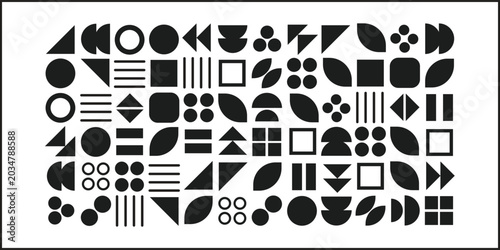 Abstract black and white geometric pattern with diverse shapes arranged in a grid, creating a modern and minimalist design.