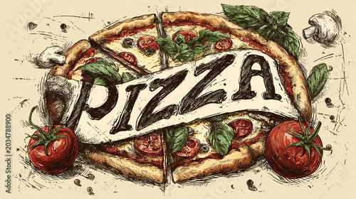 Hand drawn pizza slices with banner illustration, italian food menu concept.