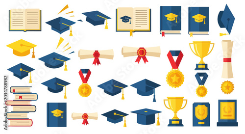 Graduation Symbols: Caps, Books, Diplomas, Trophies, Medals - Education Concept