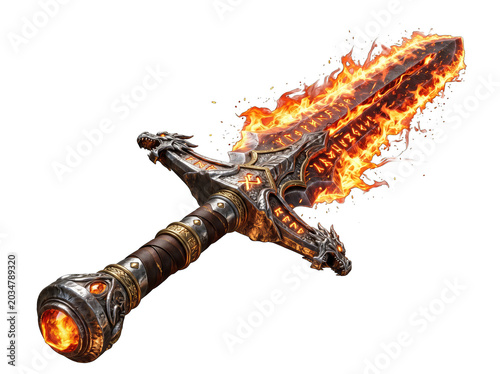 Burning Rusty Metal Sword Isolated on Transparent Background with Fiery Flames