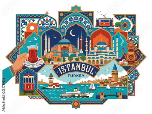 Flat illustration collage of Istanbul, Turkey, showcasing iconic architecture, cultural heritage, and traditional elements.