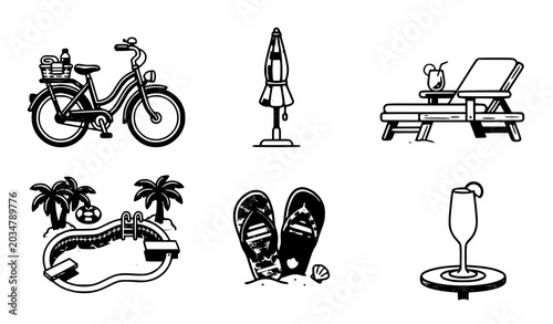 Foto Colorful beach resort lifestyle vector icons with pool lounge bicycle and champa