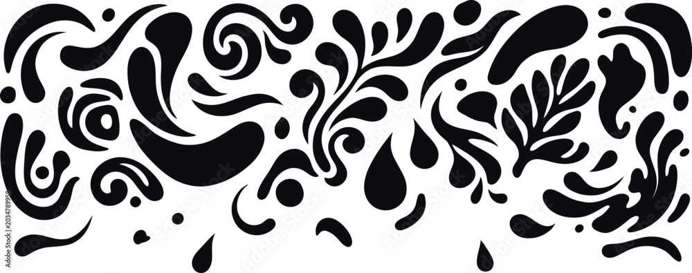 Fototapeta premium Abstract Floral Swirls and Drops Seamless Border Vector Illustration
