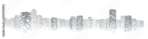 Dot matrix city skyline, abstract digital cityscape, modern technology