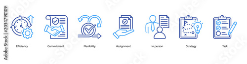 Foto Work Essentials web banner icon vector illustration featuring Efficiency, Commitment, Flexibility, Assignment, In Person, Strategy, and Task