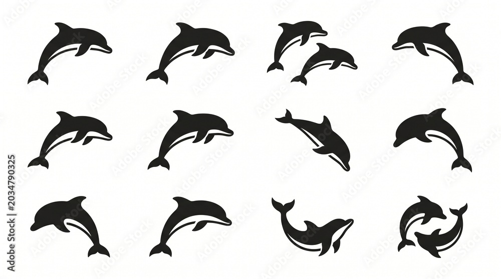 Obraz premium Set of Black Dolphin Silhouettes in Various Dynamic Poses, Marine Animal Vector Icons and Logos Isolated on White Background