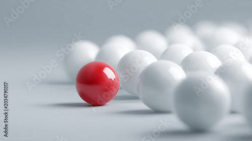 Ai Red ball stands out among white balls on a simple gray background in a minimalistic design setting