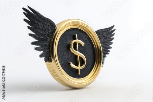 Golden dollar coin with black wings isolated on white background
