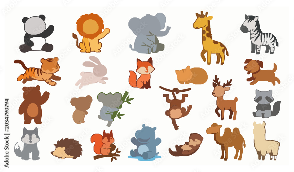 Fototapeta premium Large cute cartoon mammal vector set with colorful animal characters for kids illustrations