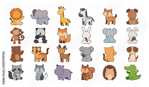 Photography Big cute cartoon animal vector set with playful mammal characters isolated on wh