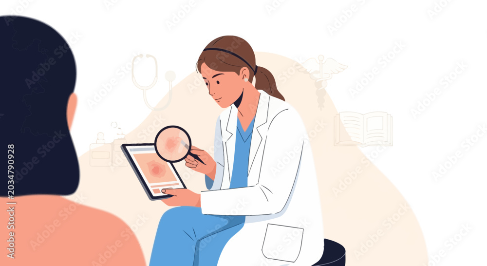 Fototapeta premium Dermatologist examines skin lesion on tablet with patient present illustration