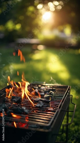 Barbecue grill with burning charcoal and bright flames in garden, vertical video