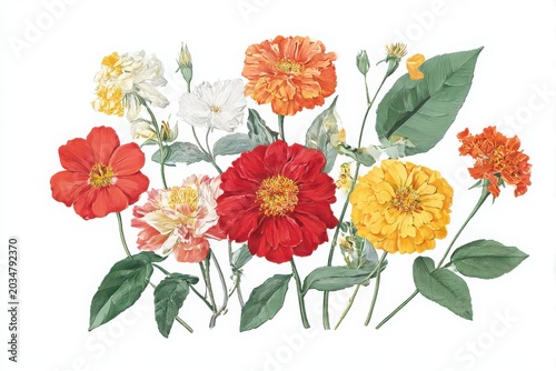 Vibrant collection of blooming garden flowers and green leaves detailed botanical artwork white background