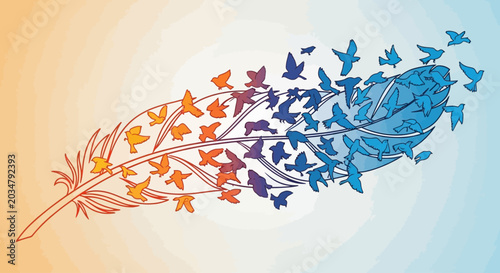 Bird Transformation From Feather To Flock Graphic Illustration Symbolizing Freedom And Transformation