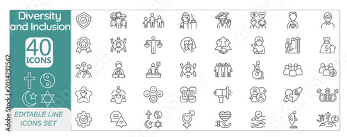 Diversity and Inclusion icons set. Includes icons for equality, teamwork, community, support, accessibility, culture, and belonging. Editable stroke. Line icons. Perfect for apps and infographics.
