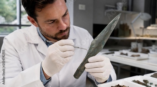 Archaeologist restoring ancient bronze artifact in museum laboratory