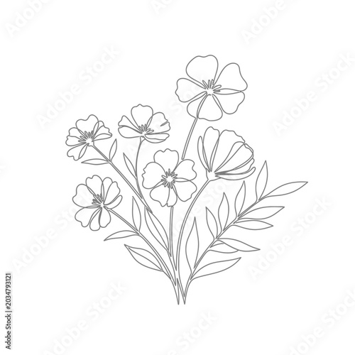 Floral Line Art: Elegant Flower Bouquet on White Background