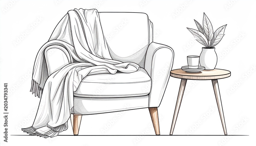 Fototapeta premium Cozy armchair with a draped blanket and a small side table with a vase and cup