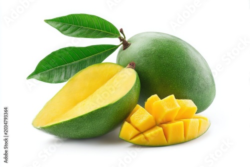 Freshly cut mango showcasing its vibrant yellow flesh and green skin with leaves.