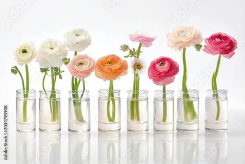 Delicate ranunculus flowers in clear glass vases lined up for a beautiful botanical display white background