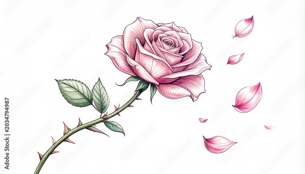 Fototapeta premium Delicate pink rose with falling petals intricately illustrated with sharp thorns on stem isolated