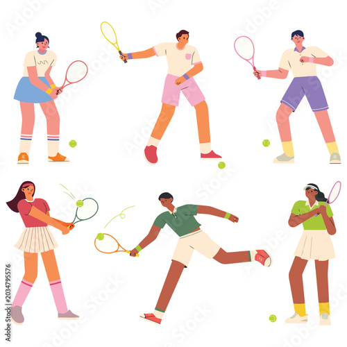 Foto A dynamic collection of diverse tennis players in various energetic poses, activ