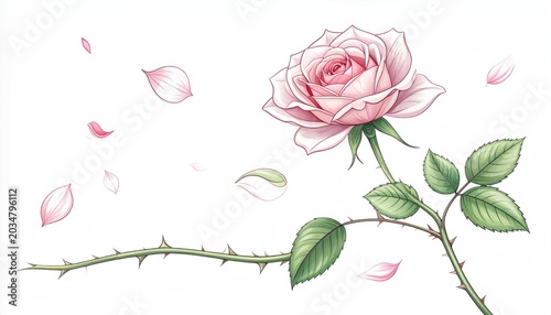 Delicate pink rose with falling petals and thorny stem illustrated in a soft watercolor style on white