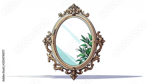 Ornate oval mirror with gold frame reflecting green leaves and light blue sky isolated