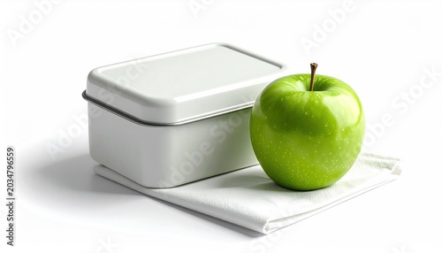 Green apple on white napkin next to a clean modern lunchbox on a white background