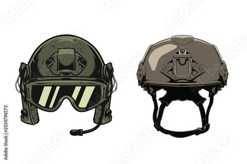 Obraz na plátně Collection of stylized military tactical helmets, featuring advanced head protec