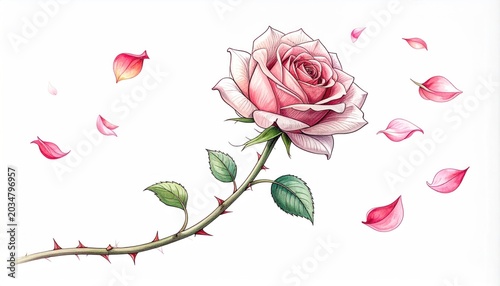 Delicate pink rose with falling petals and thorny stem elegant illustration