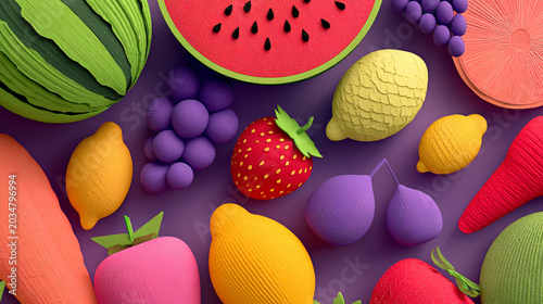 Vibrant 3D Stylized Fruit Assortment Featuring Strawberry Watermelon and Lemon.