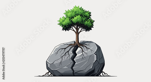 A solitary tree with deep roots emerges triumphantly from a cracked, grey rock, symbolizing resilience and growth against adversity