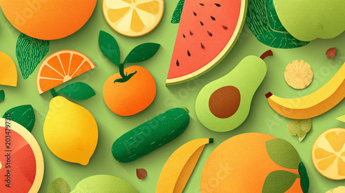 Creative Paper Cut Fruit Collage with Watermelon Citrus and Avocado on Green Background.
