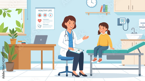 Pediatrician consults child in doctor's office - health concept