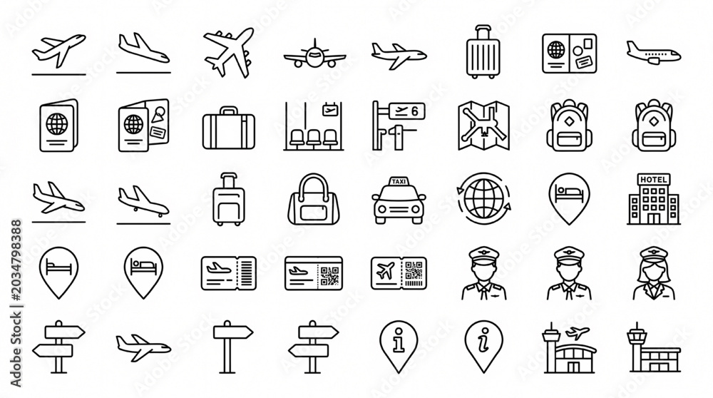 Fototapeta premium Modern Airport and Travel Outline Icon Collection Featuring Airline Tourism and Navigation Symbols