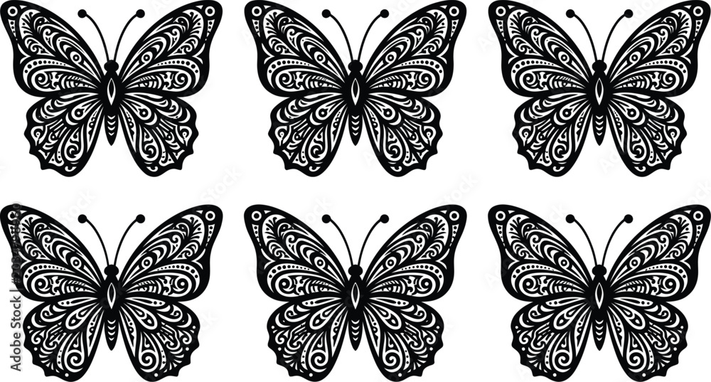 Fototapeta premium Six black butterflies with intricate designs on a white background
