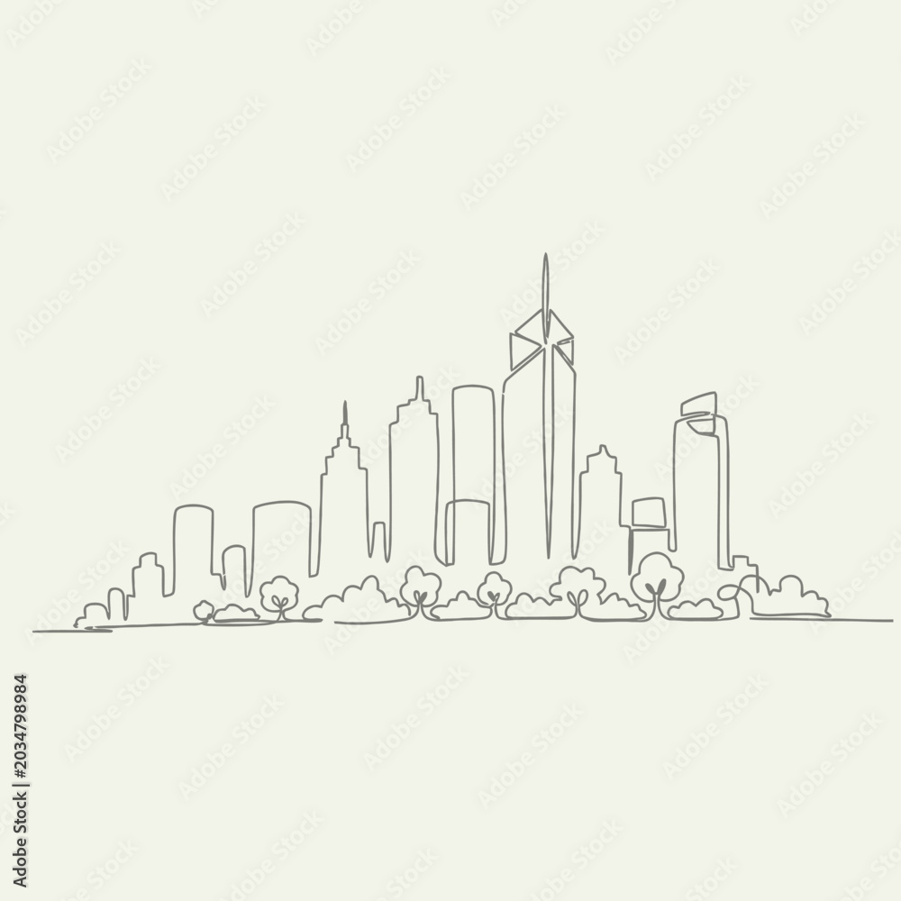 Obraz premium Minimalist cityscape line drawing, buildings and trees on beige background