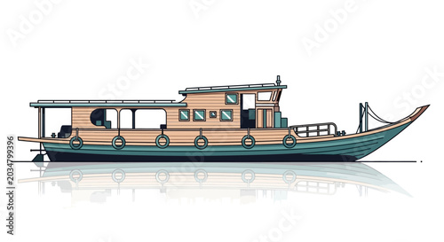 Schilderij op canvas Flat illustration of a wooden boat floating on water.