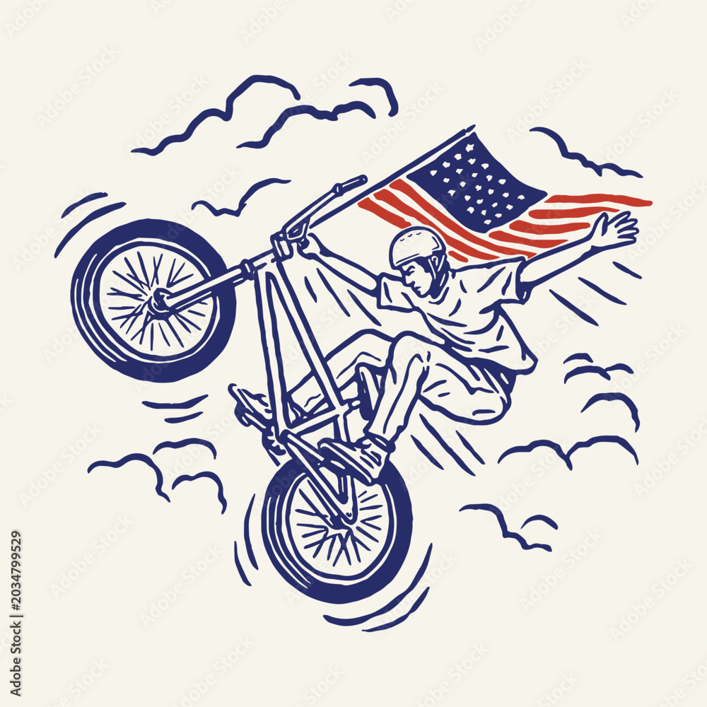 Obraz premium Fourth of July community celebration retro BMX rider stunt with American flag in vintage navy blue engraving illustration for Independence Day extreme sport event and youth culture design