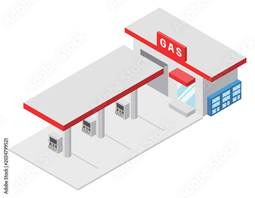 斜め後ろの視点から描いた赤いガソリンスタンドの建物イラスト